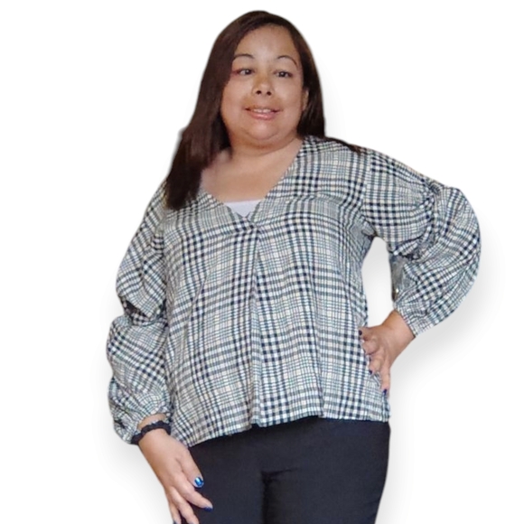 Zara Women's small Ruffled Sleeve Black and Cream Plaid Top - Picture 5 of 16